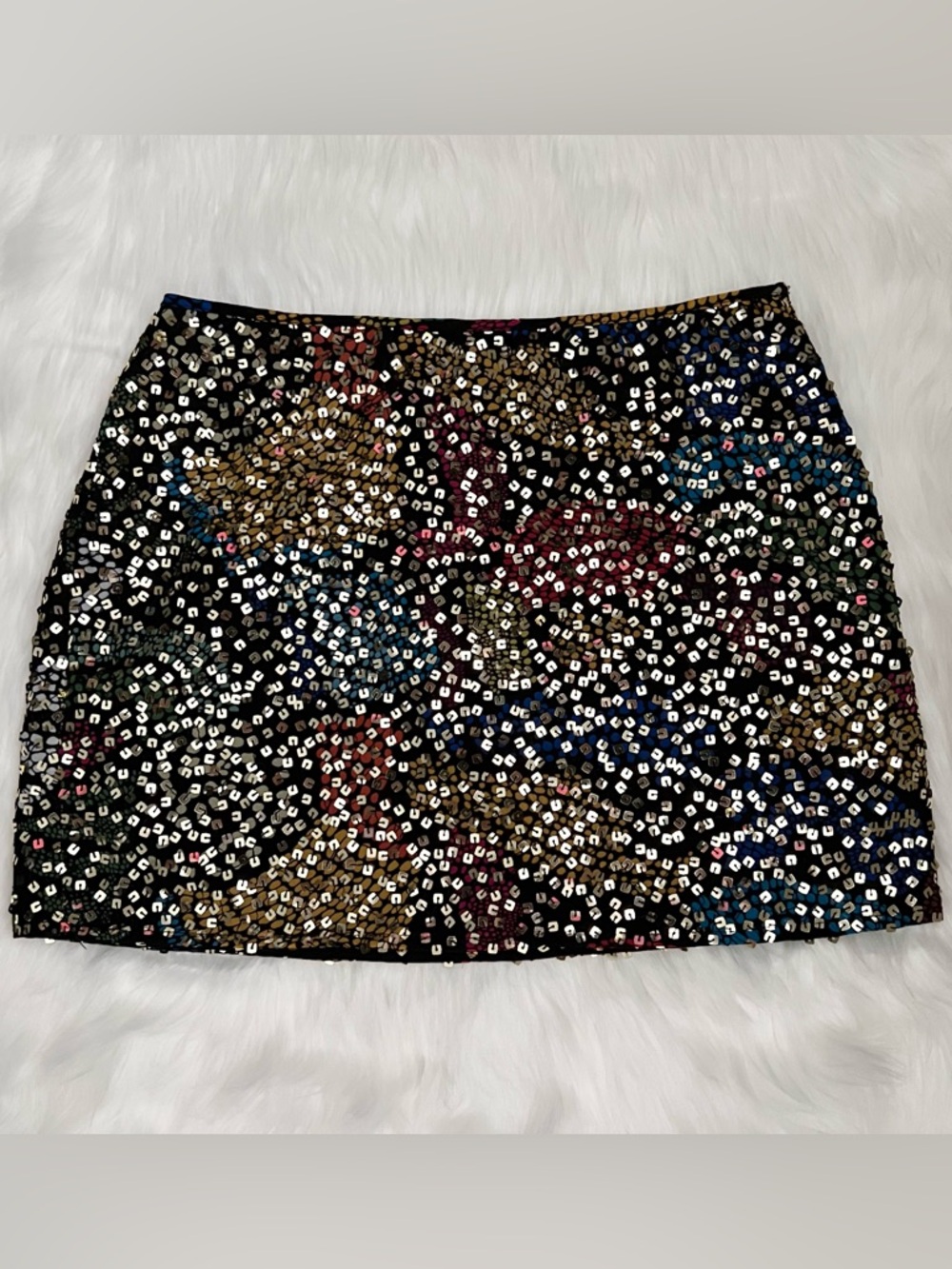 Forever 21 Black Mini Skirt with Multicolor Abstract Pattern and Sequins